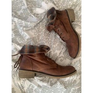 Brown Plaid Foldover Ankle Boots